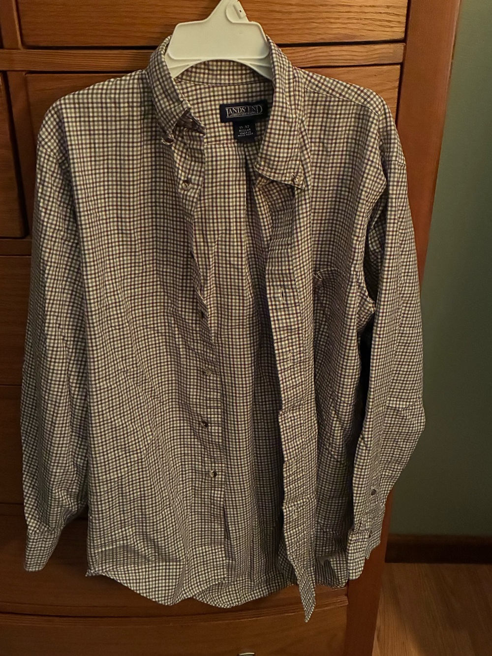 Lands' End Men's Long-Sleeve Check Shirt - Brown & White 15x32 Regular